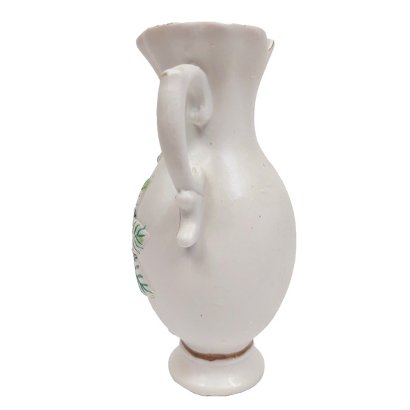 Vintage Bisque Porcelain Handled Raised Flower Vase 7" Hand Painted Gold Trim - Picture 3 of 9